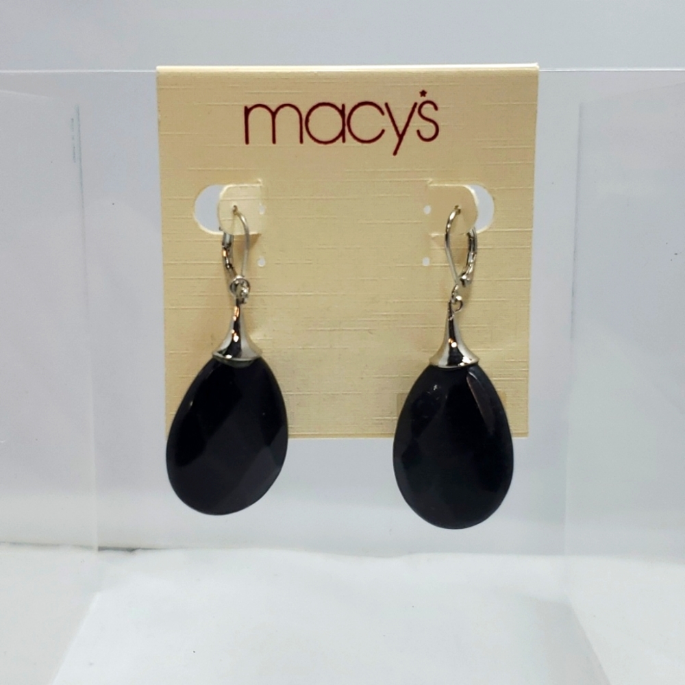 Macy's silver wire with black onyx stone dangle earrings